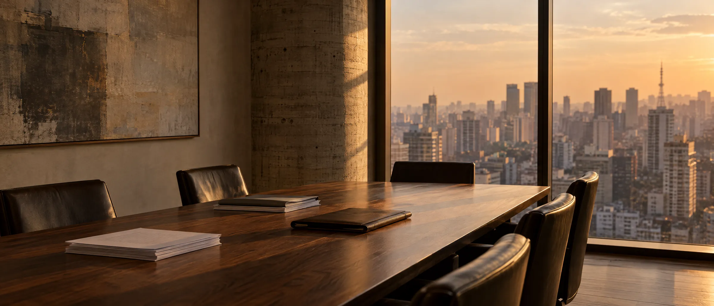 Sala de reunião vazia ao fim da tarde, com mesa de madeira, papéis e a cidade de São Paulo pela janela